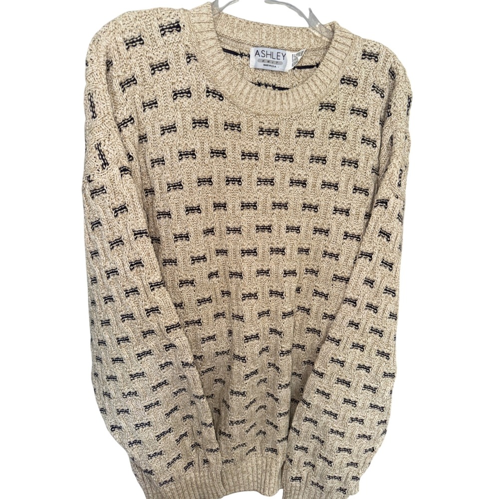 Vintage Ashley Knit Pattern Crewneck Sweater Coogi Style USA Made XL Beige
